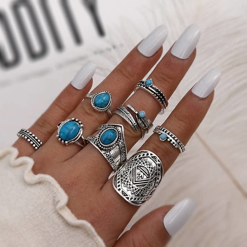 Vintage Style Water Droplets Alloy Stuffed Turquoise Women Rings Set of 8 Pieces - Picture 1 of 7